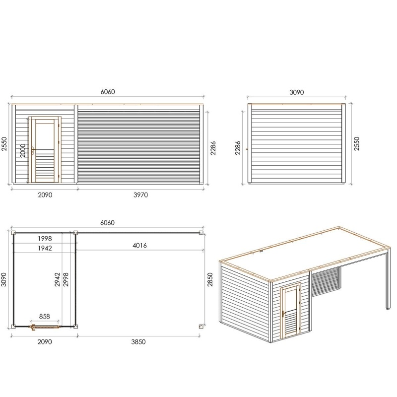 Abri de jardin en bois Luma 6.06x3.09m - 18.73m2 - Ep. 28mm - Traité