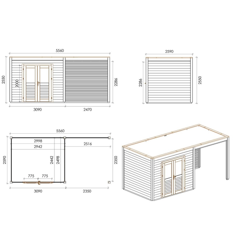 Abri de jardin en bois Sora 5.56x2.59m - 14.4m2 - Ep. 28mm - Traité