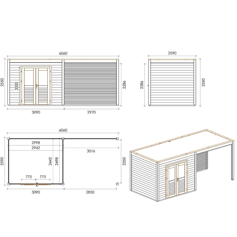 Abri de jardin en bois Sora 6.06x2.59m - 15.7m2 - Ep. 28mm - Traité