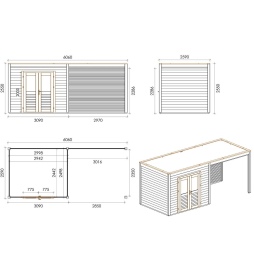 Abri de jardin en bois Sora 6.06x2.59m - 15.7m2 - Ep. 28mm - Traité