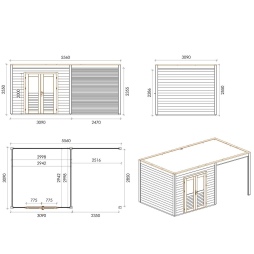 Abri de jardin en bois Sora 5.56x3.09m - 17.18m2 - Ep. 28mm - Traité