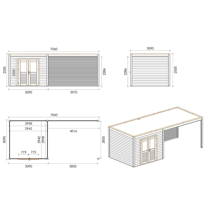 Abri de jardin en bois Sora 7.06x3.09m - 21.82m2 - Ep. 28mm - Traité