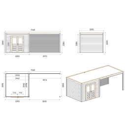 Abri de jardin en bois Sora 7.06x3.09m - 21.82m2 - Ep. 28mm - Traité