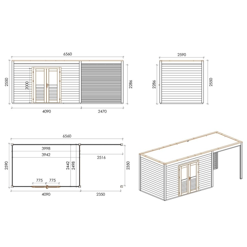 Abri de jardin en bois Nova 6.56x2.59m - 16.99m2 - Ep. 28mm - Traité