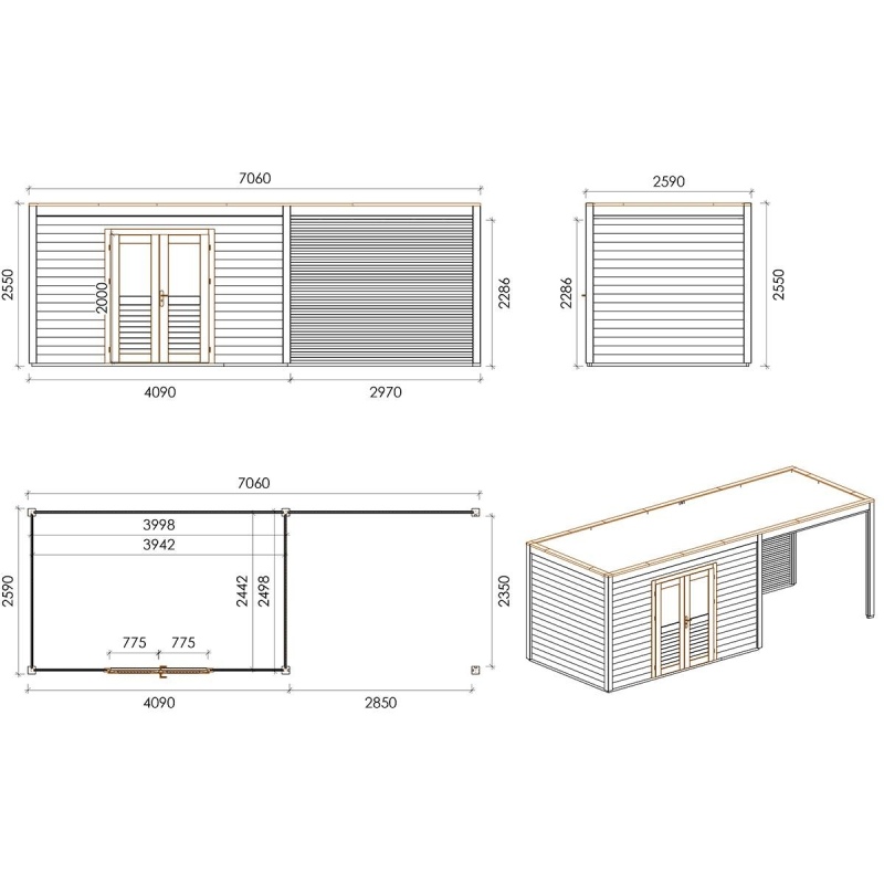 Abri de jardin en bois Nova 7.06x2.59m - 18.29m2 - Ep. 28mm - Traité