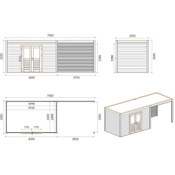 Abri de jardin en bois Nova 7.06x2.59m - 18.29m2 - Ep. 28mm - Traité