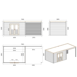 Abri de jardin en bois Nova 7.06x3.09m - 21.82m2 - Ep. 28mm - Traité