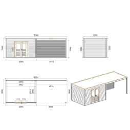 Abri de jardin en bois Nova 8.06x3.09m - 24.91m2 - Ep. 28mm - Traité