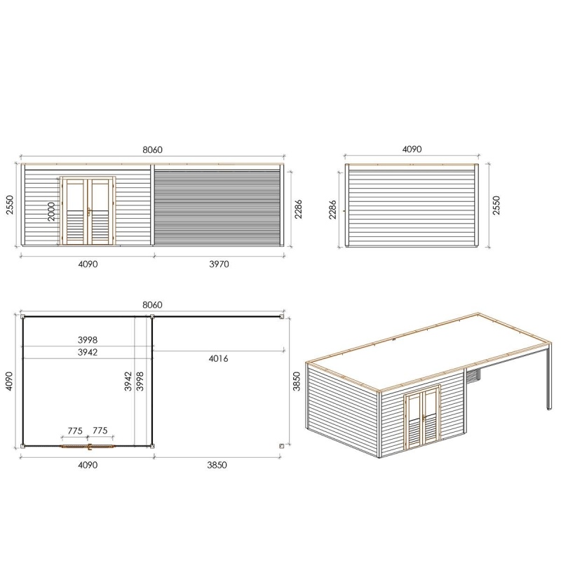 Abri de jardin en bois Nova 8.06x4.09m - 32.96m2 - Ep. 28mm - Traité