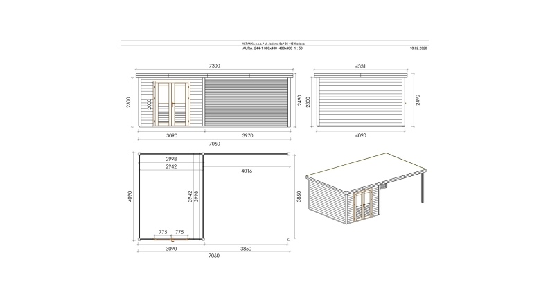 Abri de jardin en bois Aura 7.06x4.09m - 28.87m2 - Ep. 28mm - Traité
