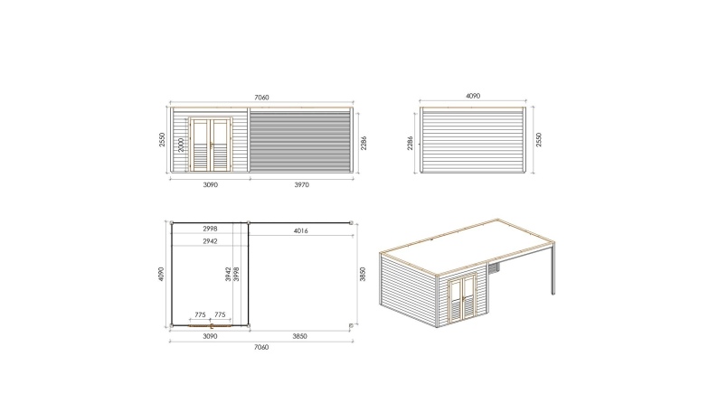 Abri de jardin en bois Sora 7.06x4.09m - 28.87m2 - Ep. 28mm - Traité
