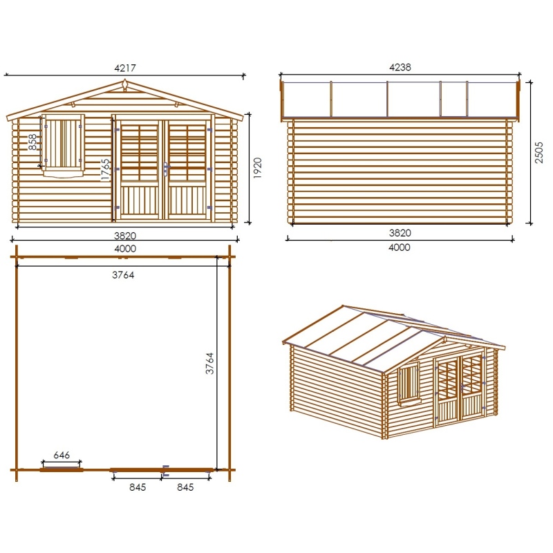 Abri de jardin en bois - 16m2 - 4x4m - Ep. 28mm - Couleur: 