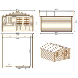 Abri de jardin en bois - 16m2 - 4x4m - Ep. 28mm - Couleur: 