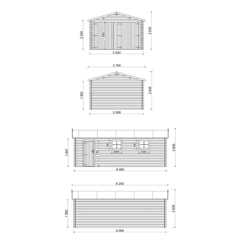 Garage en bois - 21m2 - 3.5x6m - imprégné - Ep. 28mm - couleur: 