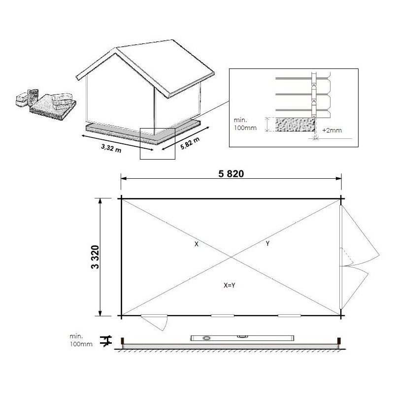 Garage en bois - 21m2 - 3.5x6m - imprégné - Ep. 28mm - couleur: 
