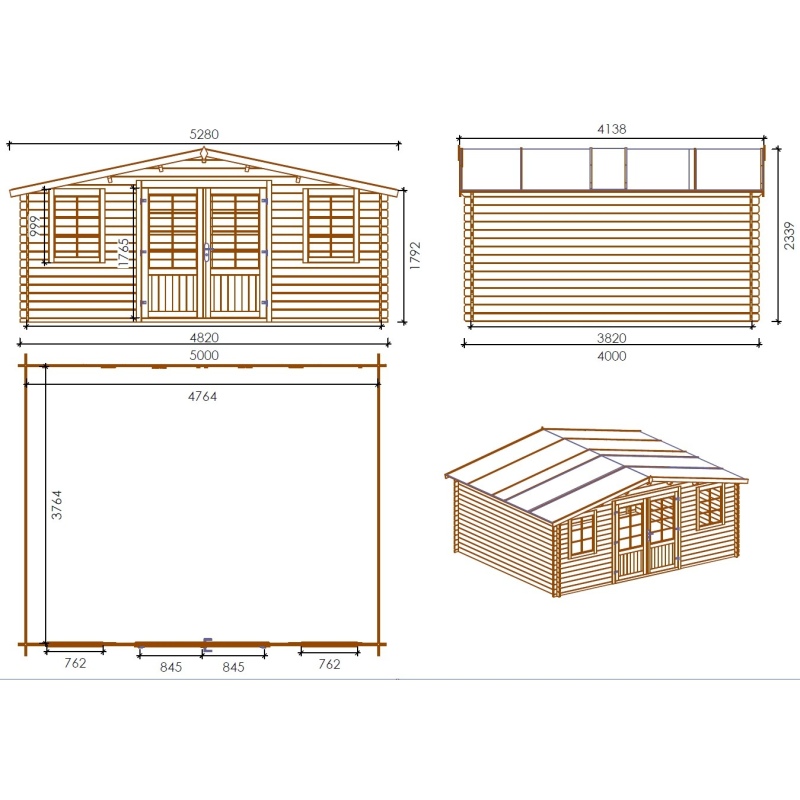 Abri de jardin en bois - 20m2 - 5x4m - Traité - Ep. 28mm - Couleur: marron