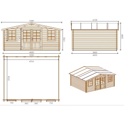 Abri de jardin en bois - 20m2 - 5x4m - Traité - Ep. 28mm - Couleur: marron