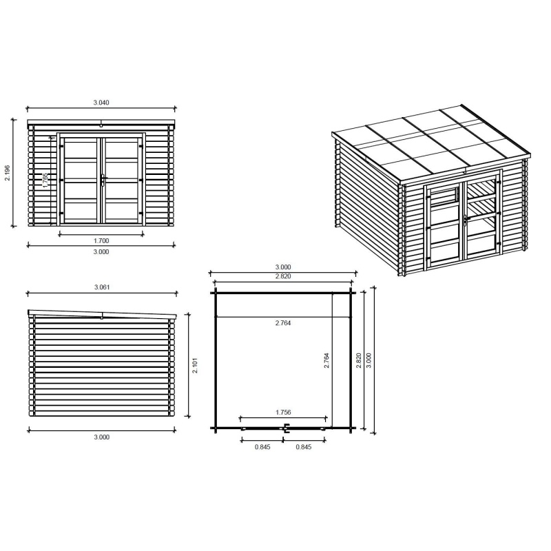 Abri de jardin en bois - 9m2 - 3x3m - Traité - Ep. 28mm - Couleur: vert
