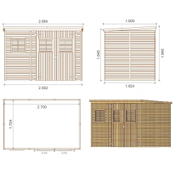 Abri de jardin en bois 4.86 m2 - 2.7x1.8 m - Couleur: naturel