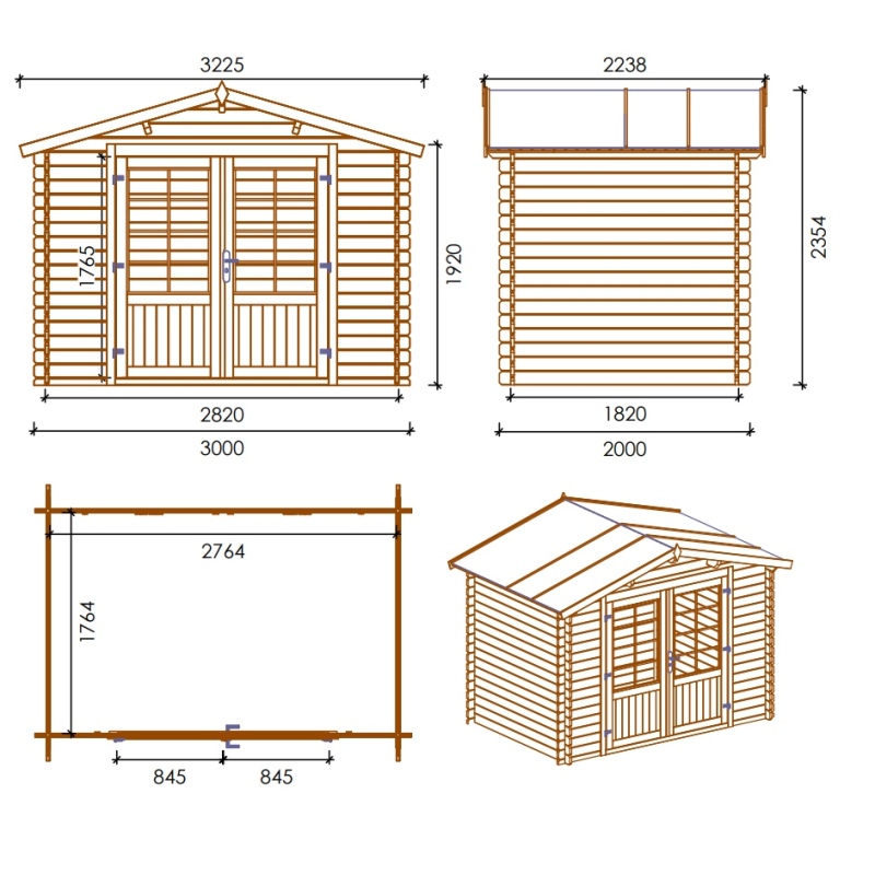 Abri de jardin en bois - 6m2 - 3x2m - Ep. 28mm - Couleur: naturel