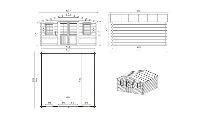 Abri de jardin en bois - 25m2 - 5x5m - Ep. 40mm - Couleur: 
