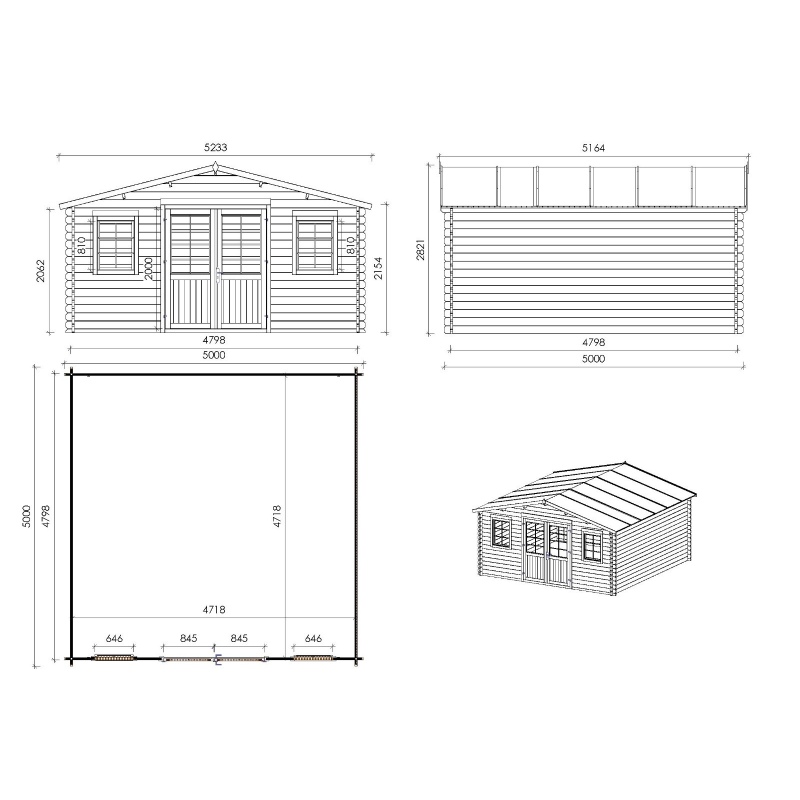 Abri de jardin en bois - 25m2 - 5x5m - Ep. 40mm - Couleur: naturel