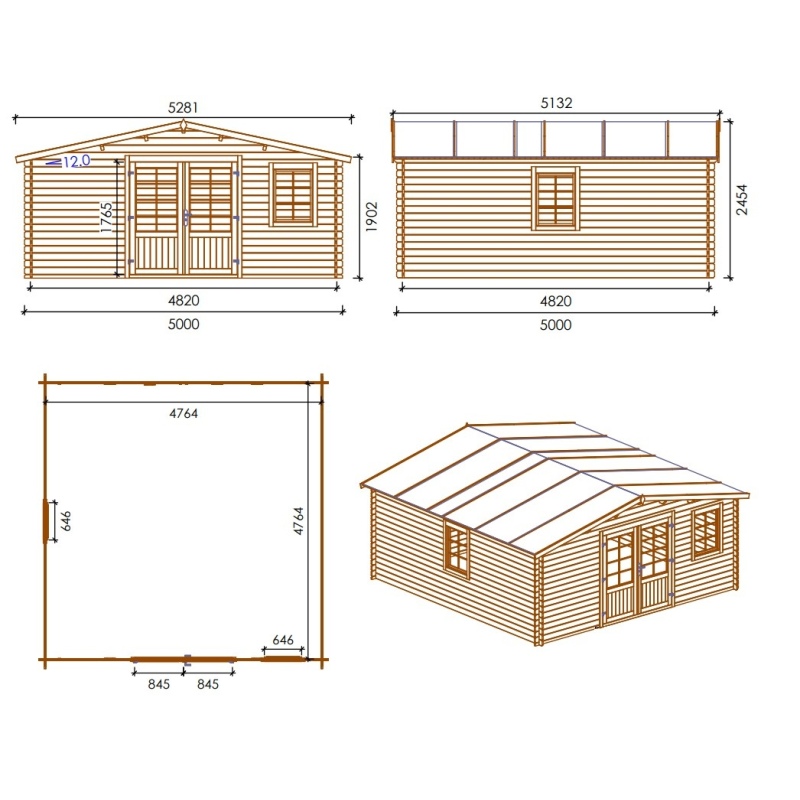 Abri de jardin en bois - 25m2 - 5x5m - Traité - Ep. 28mm - Couleur: marron