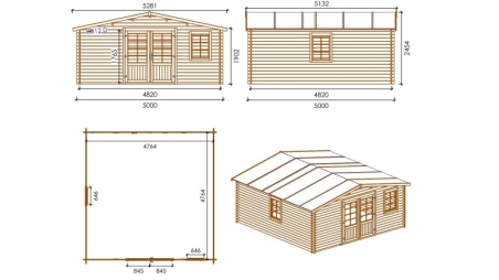 Abri de jardin en bois - 25m2 - 5x5m - Traité - Ep. 28mm - Couleur: 