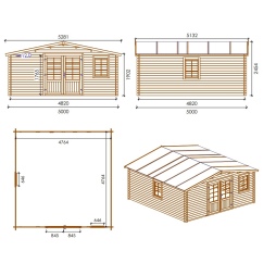 Abri de jardin en bois - 25m2 - 5x5m - Traité - Ep. 28mm - Couleur: marron