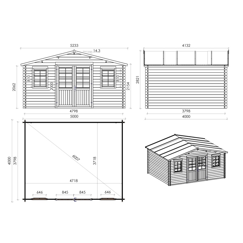 Abri de jardin en bois - 20m2 - 5x4m - Ep. 40mm - Couleur: naturel