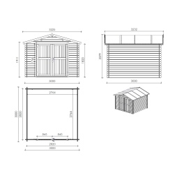 Abri de jardin en bois - 9m2 - 3x3m - Traité - Ep. 28mm - Couleur: vert