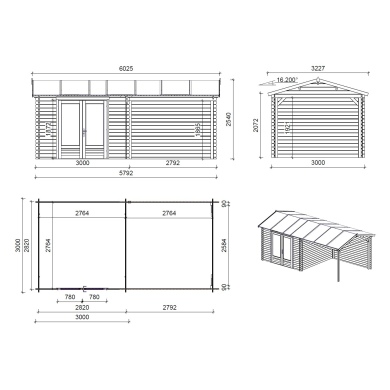 Abri de jardin en bois - 17.4m2 - 5.79x3m - Ep. 28mm - Couleur: naturel 2