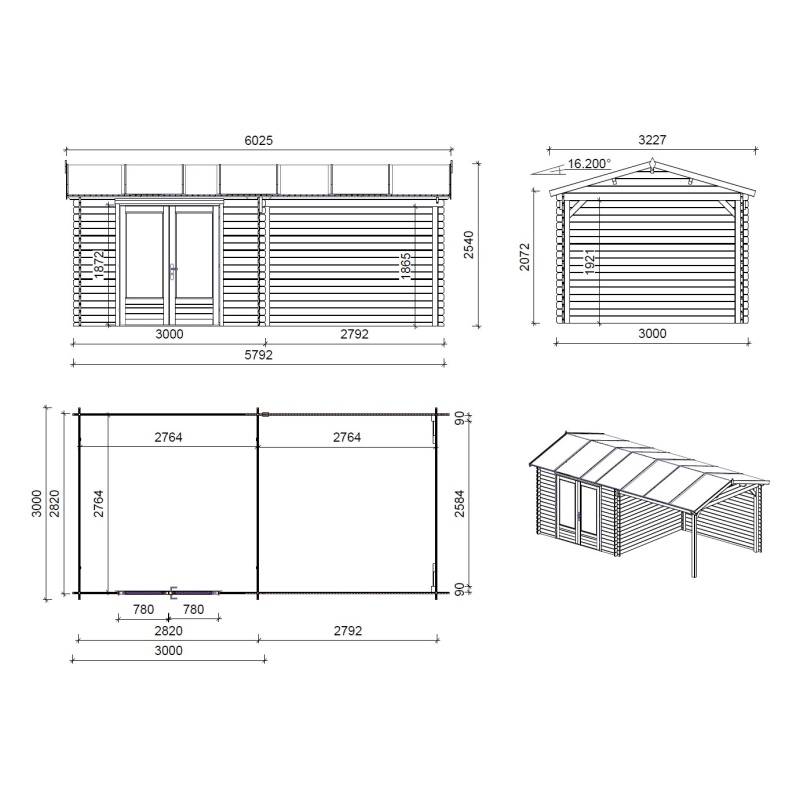 Abri de jardin en bois - 17.4m2 - 5.79x3m - Ep. 28mm - Couleur: naturel