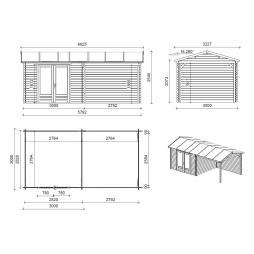 Abri de jardin en bois - 17.4m2 - 5.79x3m - Ep. 28mm - Couleur: naturel