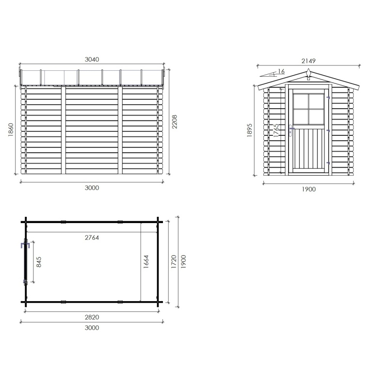 Abri de jardin en bois - 5.7m2 - 1.9x3m - Ep. 28mm - Couleur: 
