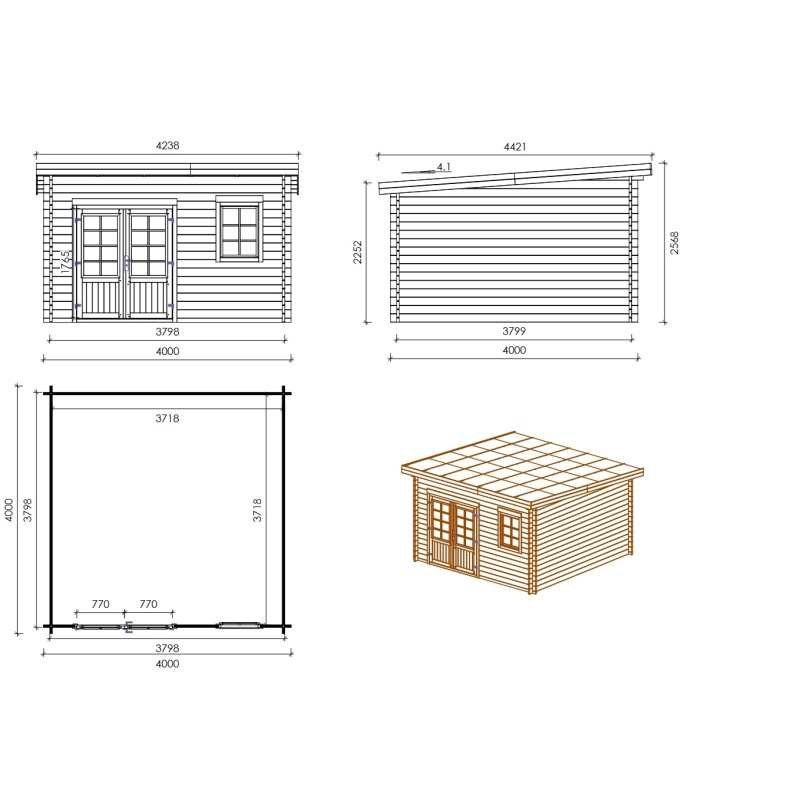Abri de jardin en bois - 16m2 - 4x4m - Traité - Ep. 40mm - Couleur: 