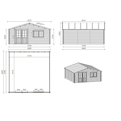 Abri de jardin en bois - 36m2 - 6x6m - Ep. 40mm - Couleur: naturel 2