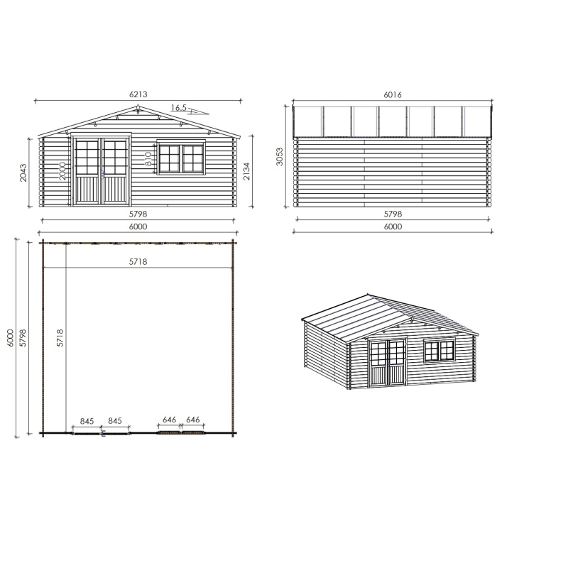 Abri de jardin en bois - 36m2 - 6x6m - Ep. 40mm - Couleur: 