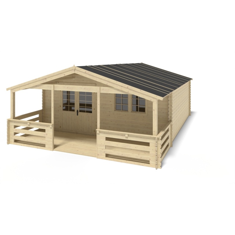 Abri de jardin en bois - 6x6 m + terrasse avec balustrade et avant-toit en bois - 48 m2