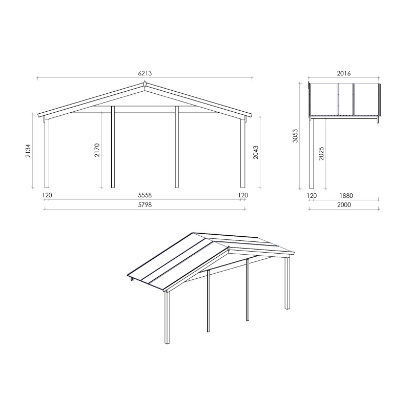 Abri de jardin en bois - 6x6 m + terrasse avec balustrade et avant-toit en bois - 48 m2