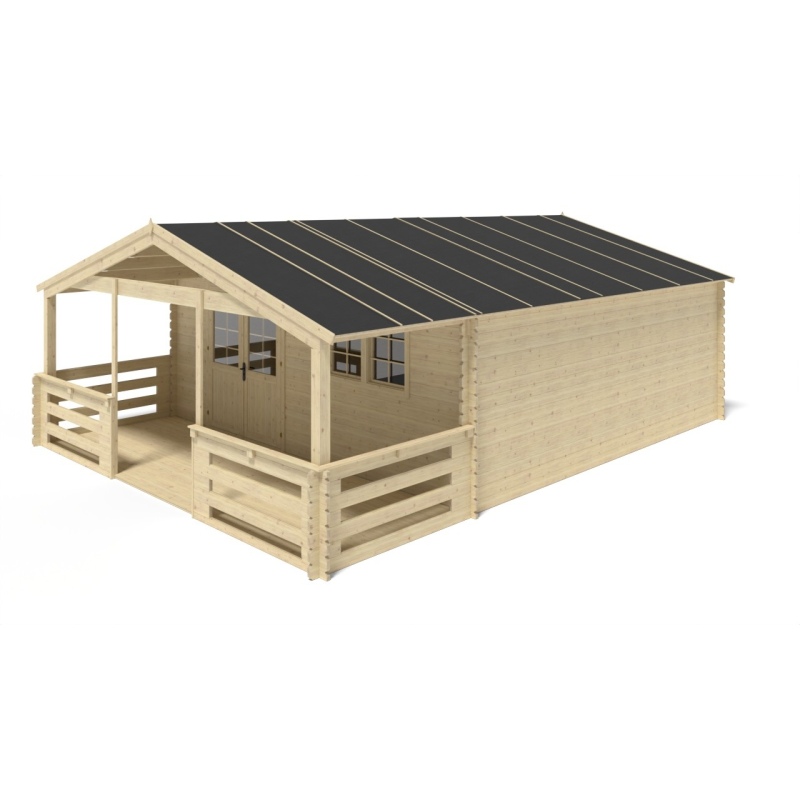 Abri de jardin en bois - 6x6 m + terrasse avec balustrade et avant-toit en bois - 48 m2