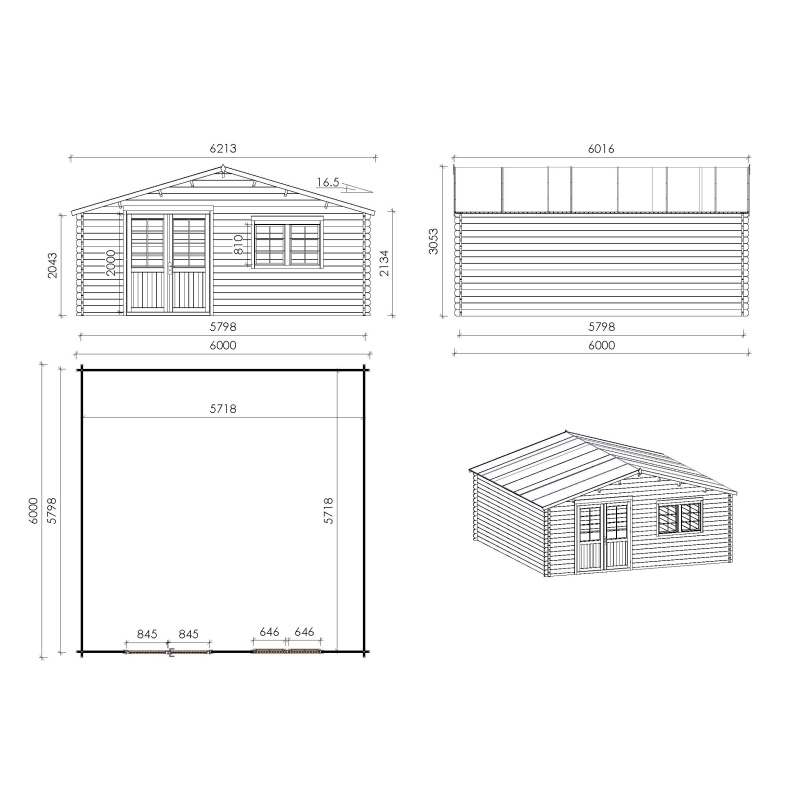 Abri de jardin en bois - 6x6 m + terrasse avec balustrade et avant-toit en bois - 54 m2