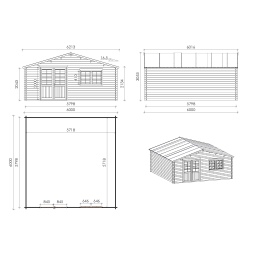 Abri de jardin en bois - 6x6 m + terrasse avec balustrade et avant-toit en bois - 54 m2