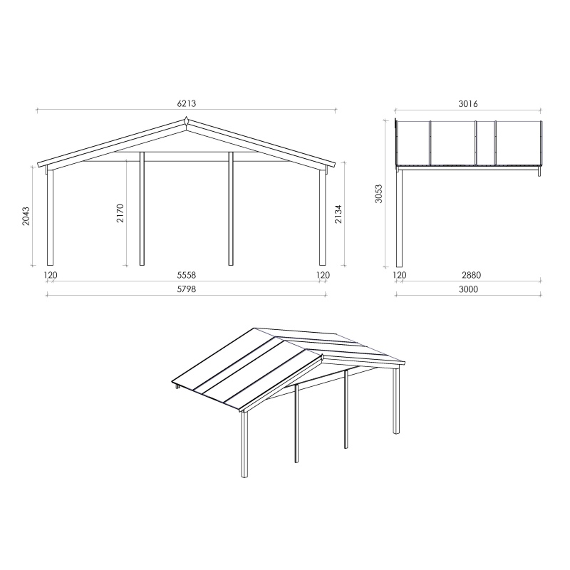 Abri de jardin en bois - 6x6 m + terrasse avec balustrade et avant-toit en bois - 54 m2