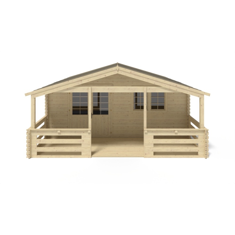 Abri de jardin en bois - 6x6 m + terrasse avec balustrade et avant-toit en bois - 54 m2
