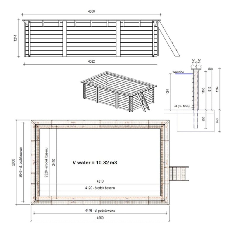 Piscine en bois AQUA 4.65x2.85 - H.1.24 m cadre en métal, sans dalle béton