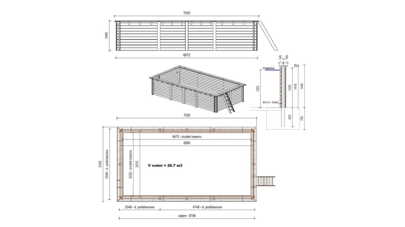 Piscine en bois AQUA 7 x 3.75 - H.1.45 m, bleu pâle, cadre en métal - sans dalle
