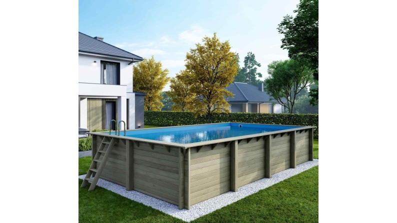 Piscine en bois AQUA 8.5 x 4.35 - H.1.45 m, bleu pâle, cadre en métal - sans dalle