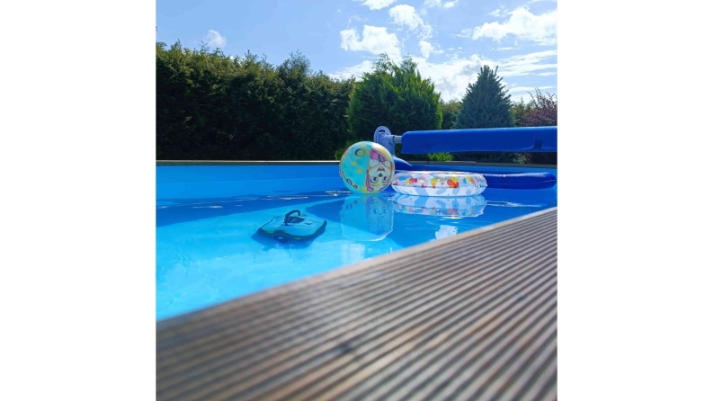 Piscine en bois AQUA 8.5 x 4.35 - H.1.45 m, bleu pâle, cadre en métal - sans dalle