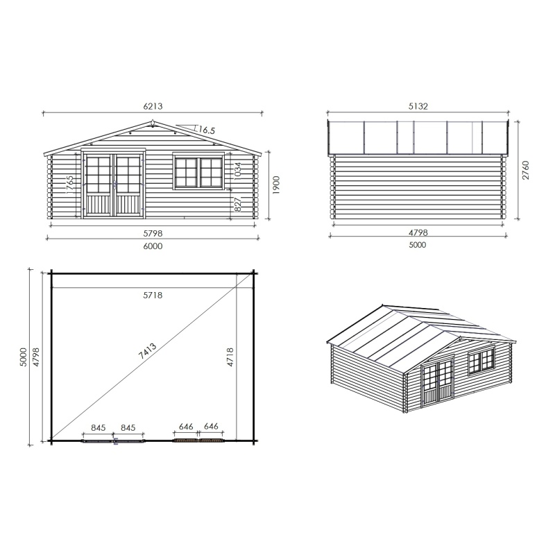 Abri de jardin en bois - 30m2 - 6x5m - Ep. 40mm - Couleur: 